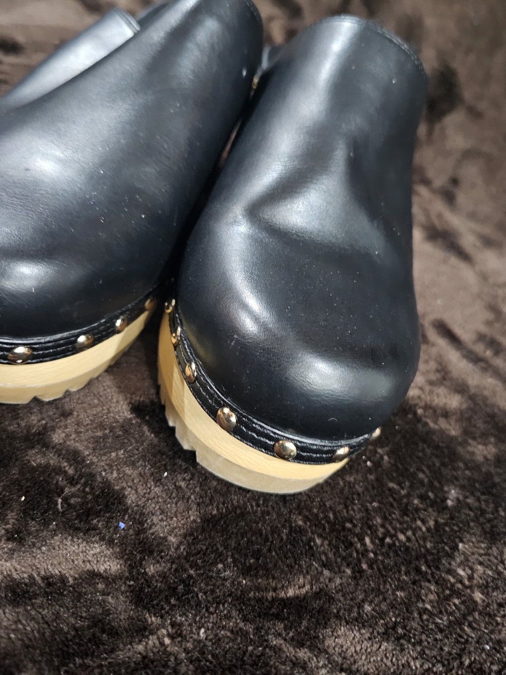 Madden Girl Black Leather Clog Mules with Wood-Look Platform